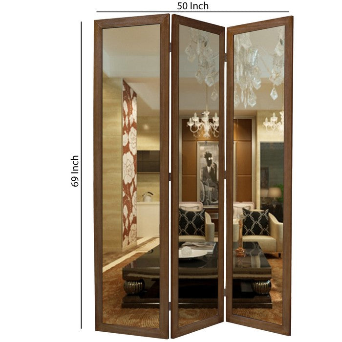 3 Panel Wooden Foldable Mirror Encasing Room Divider, Brown and Silver