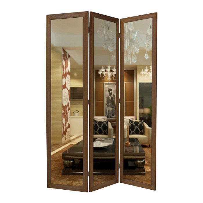 3 Panel Wooden Foldable Mirror Encasing Room Divider, Brown and Silver