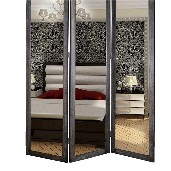 3 Panel Wooden Foldable Mirror Encasing Room Divider, Gray and Silver