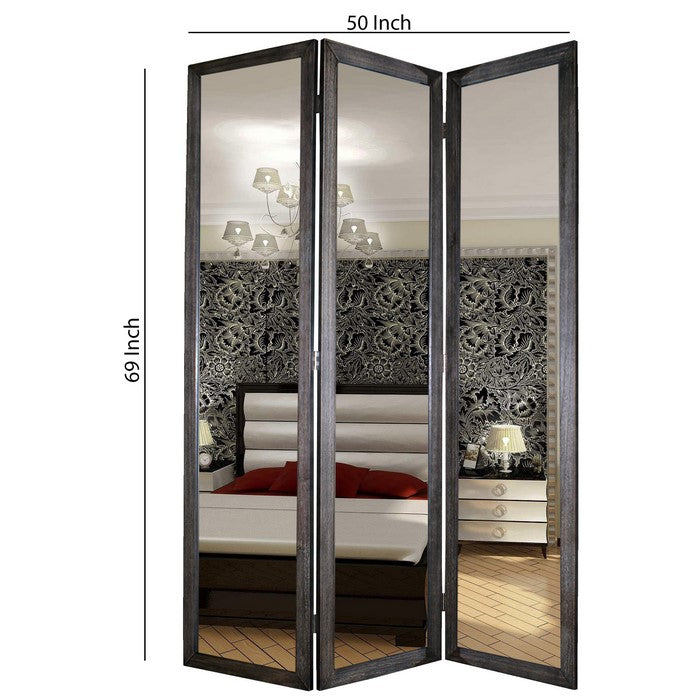 3 Panel Wooden Foldable Mirror Encasing Room Divider, Gray and Silver