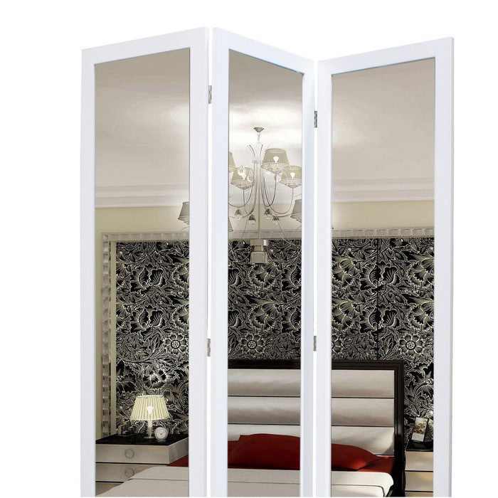 3 Panel Wooden Foldable Mirror Encasing Room Divider, White and Silver