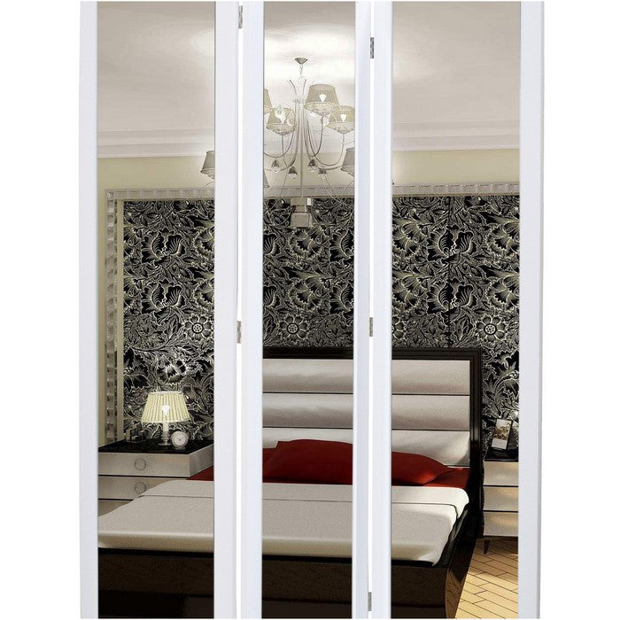 3 Panel Wooden Foldable Mirror Encasing Room Divider, White and Silver