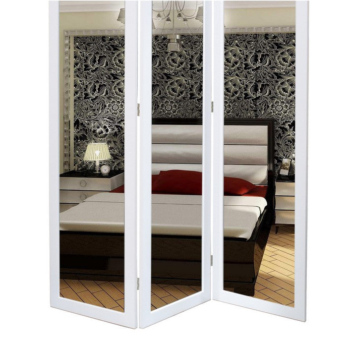3 Panel Wooden Foldable Mirror Encasing Room Divider, White and Silver