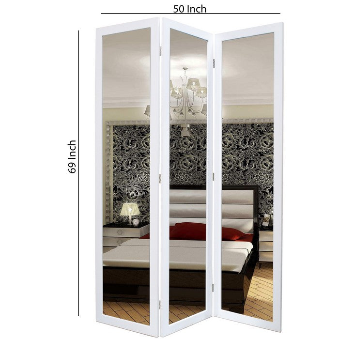 3 Panel Wooden Foldable Mirror Encasing Room Divider, White and Silver