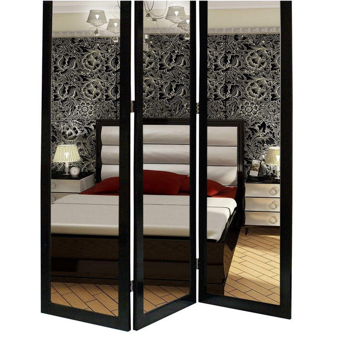 3 Panel Wooden Foldable Mirror Encasing Room Divider, Black and Silver