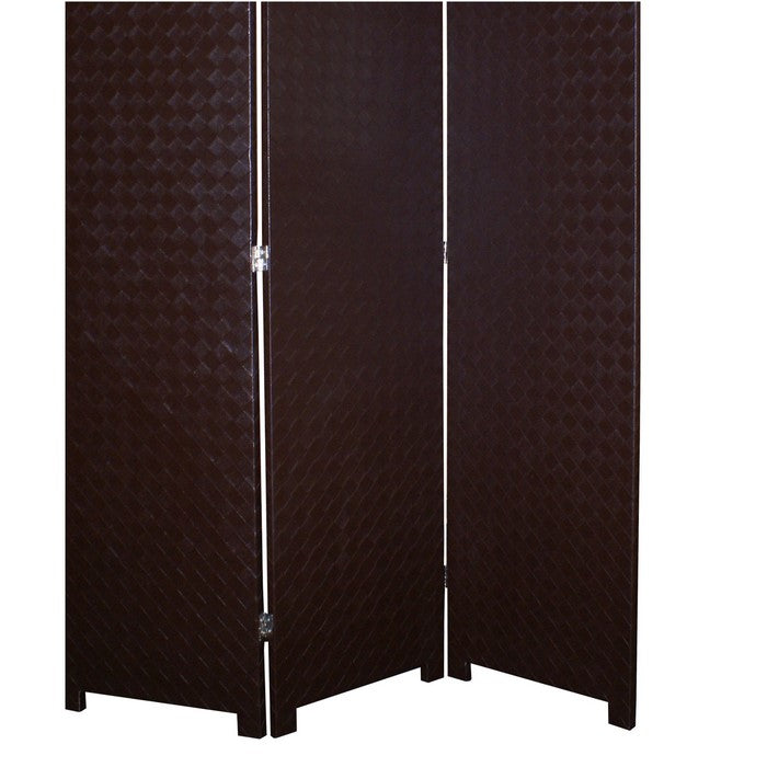3 Panel Faux Leather Covered Room Divider with Criss Cross Design, Brown
