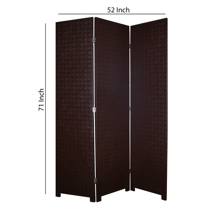 3 Panel Faux Leather Covered Room Divider with Criss Cross Design, Brown