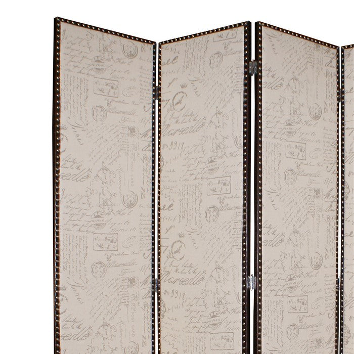 4 Panel Scripted Fabric Wooden Foldable Room Divider, Beige and Brown