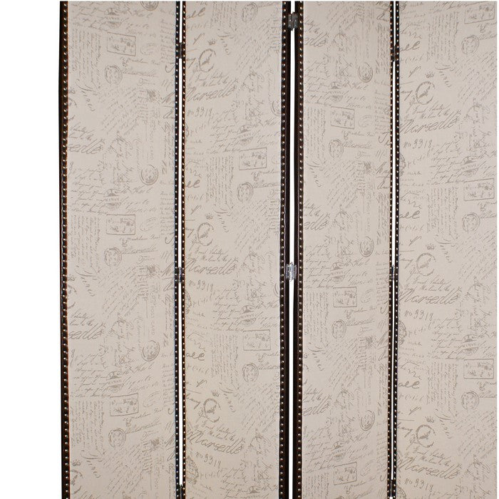 4 Panel Scripted Fabric Wooden Foldable Room Divider, Beige and Brown
