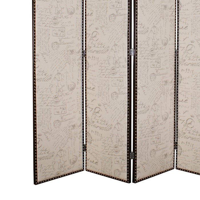 4 Panel Scripted Fabric Wooden Foldable Room Divider, Beige and Brown