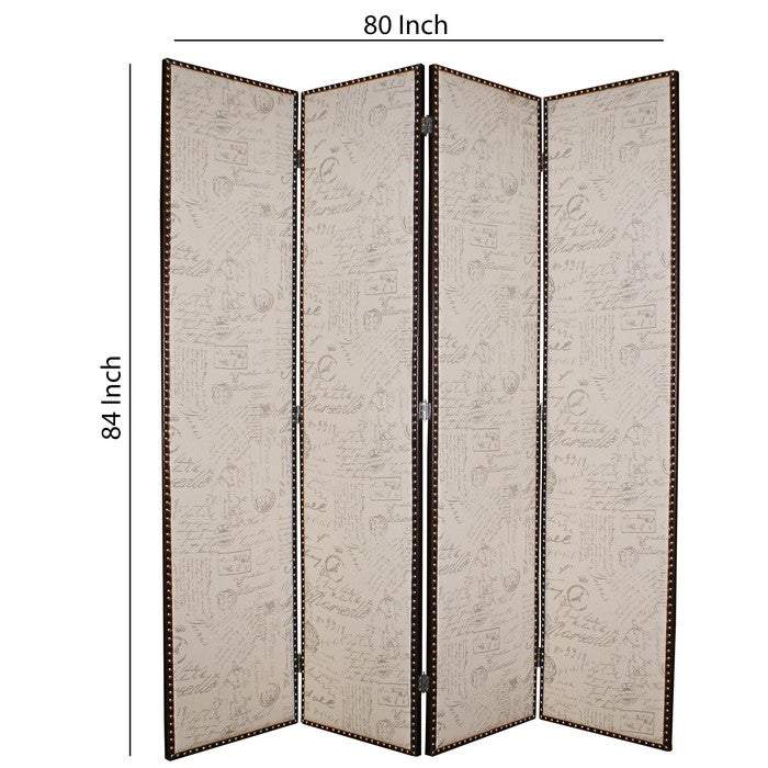 4 Panel Scripted Fabric Wooden Foldable Room Divider, Beige and Brown