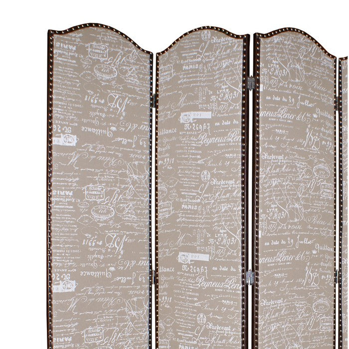 4 Panel Scripted Fabric Wooden Scalloped Room Divider, Beige and Brown