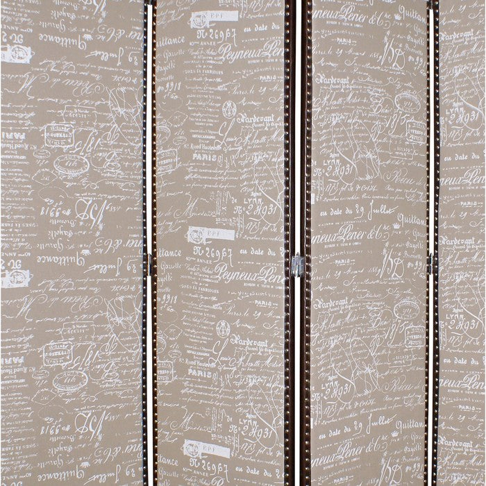 4 Panel Scripted Fabric Wooden Scalloped Room Divider, Beige and Brown