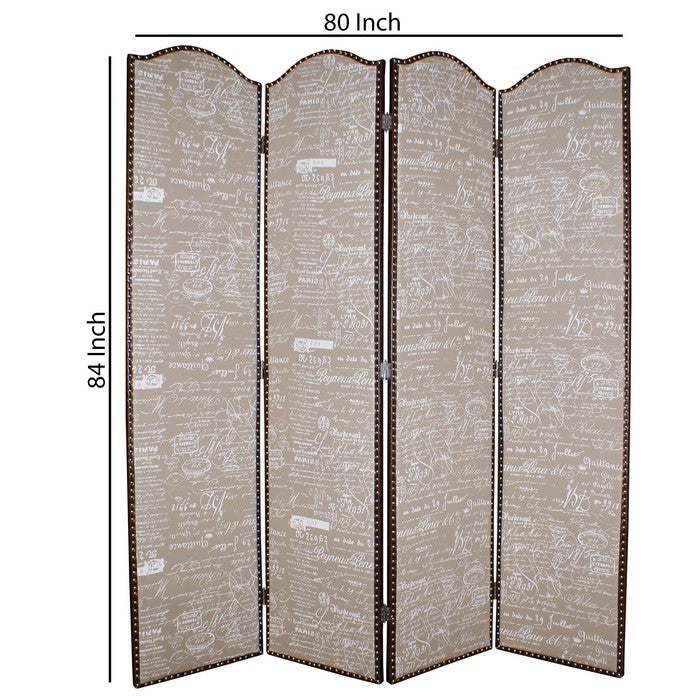 4 Panel Scripted Fabric Wooden Scalloped Room Divider, Beige and Brown