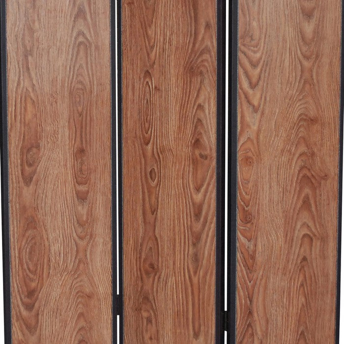 3 Panel Foldable Wooden Screen with Grain Details, Brown