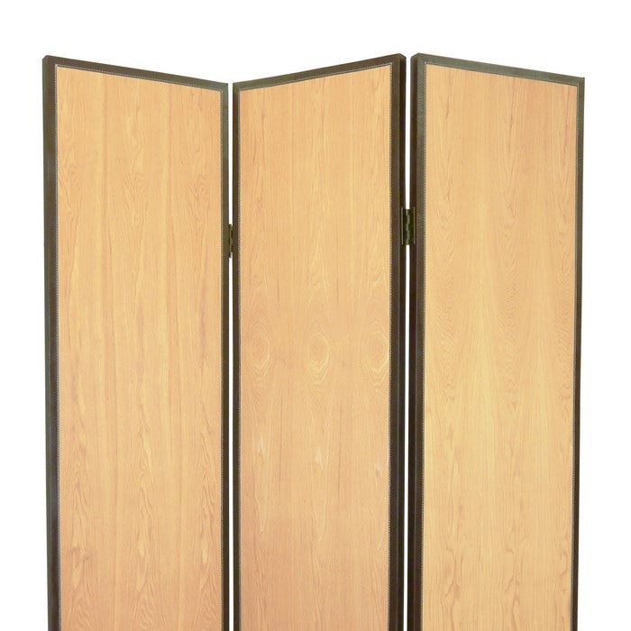 Foldable 3 Panel Wooden Screen with Faux Leather Trim, Brown