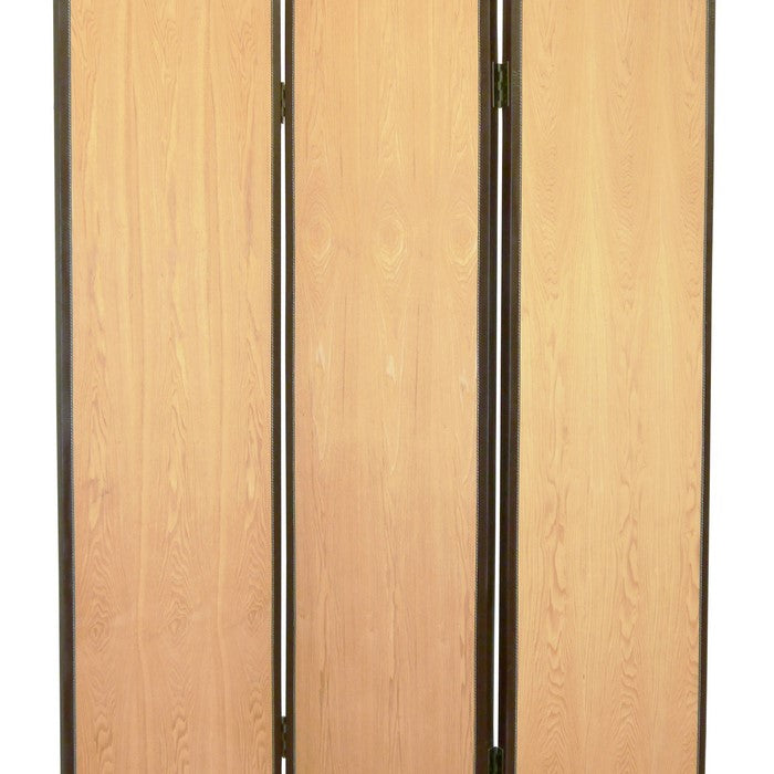 Foldable 3 Panel Wooden Screen with Faux Leather Trim, Brown