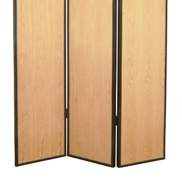 Foldable 3 Panel Wooden Screen with Faux Leather Trim, Brown