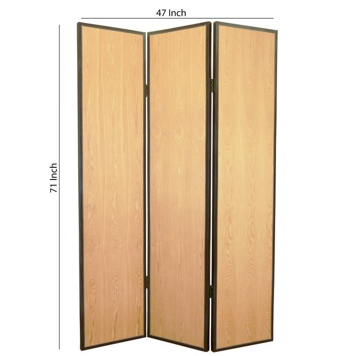 Foldable 3 Panel Wooden Screen with Faux Leather Trim, Brown