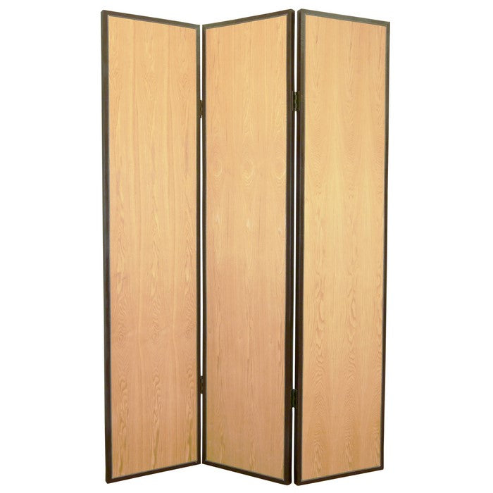 Foldable 3 Panel Wooden Screen with Faux Leather Trim, Brown