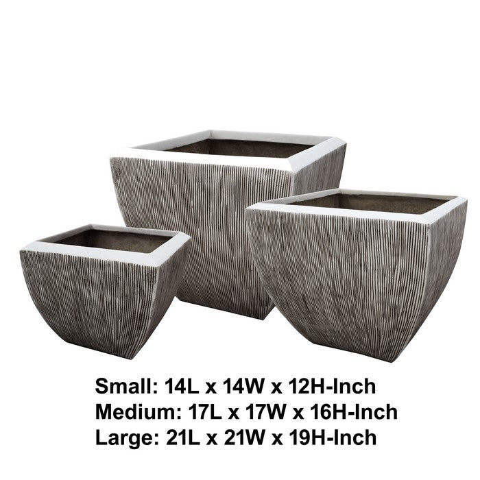 Hand Made Square Flower pot  with Ribbed Design, White, Set of 3
