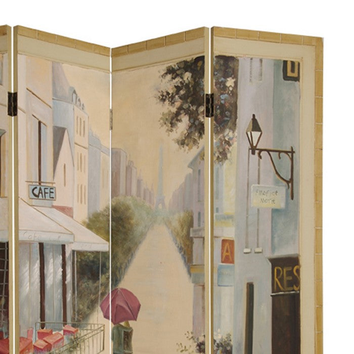 Wooden Screen with Artwork of Hand Painted Paris Promenade, Multicolor