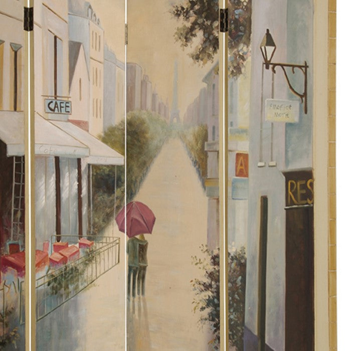 Wooden Screen with Artwork of Hand Painted Paris Promenade, Multicolor