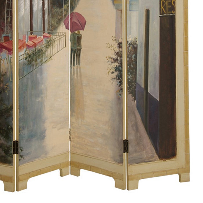 Wooden Screen with Artwork of Hand Painted Paris Promenade, Multicolor