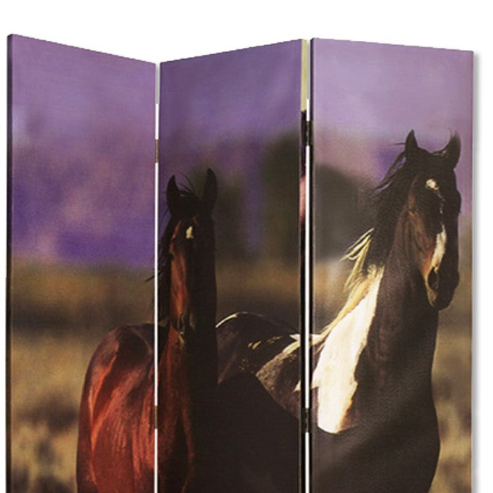 Wooden Screen with Artwork of Horses Galloping, Multicolor
