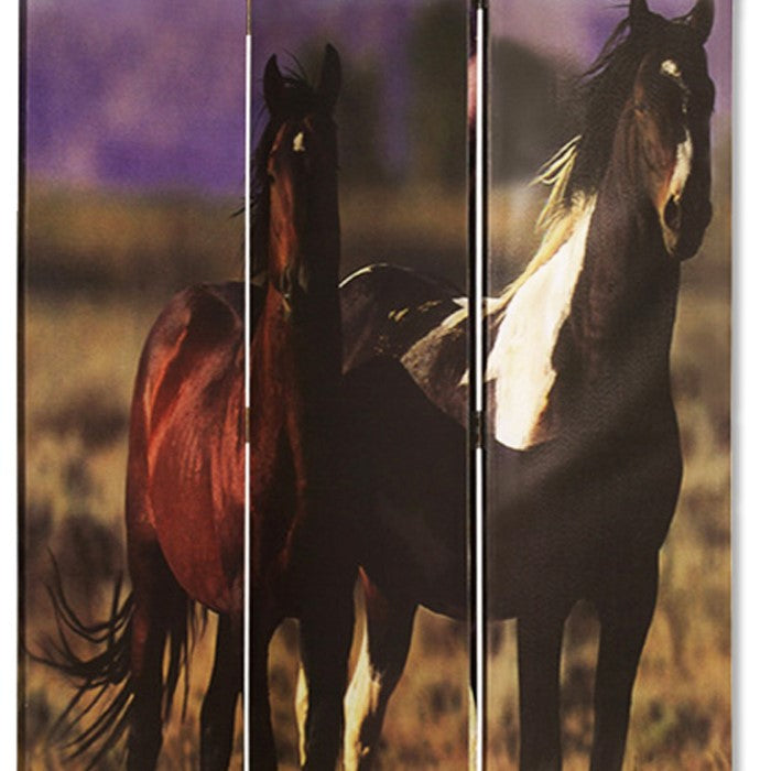Wooden Screen with Artwork of Horses Galloping, Multicolor