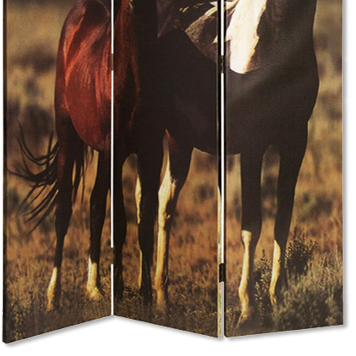 Wooden Screen with Artwork of Horses Galloping, Multicolor