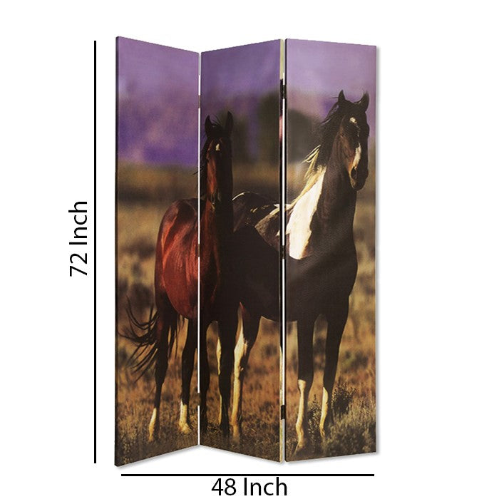 Wooden Screen with Artwork of Horses Galloping, Multicolor