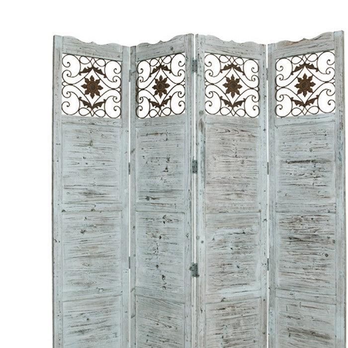 Wooden 4 Panel Screen with Textured Panels and Scrolled Details, White