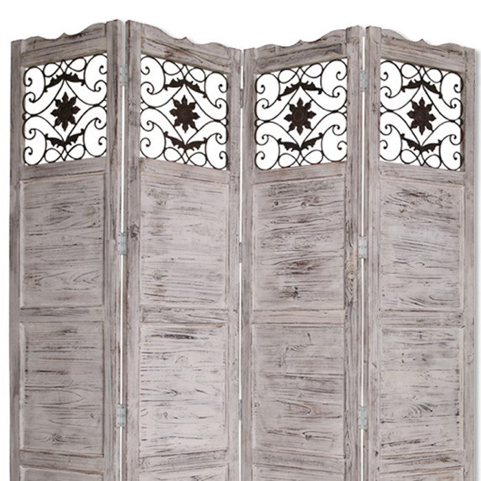 Wooden 4 Panel Screen with Textured Panels and Scrolled Details, Gray