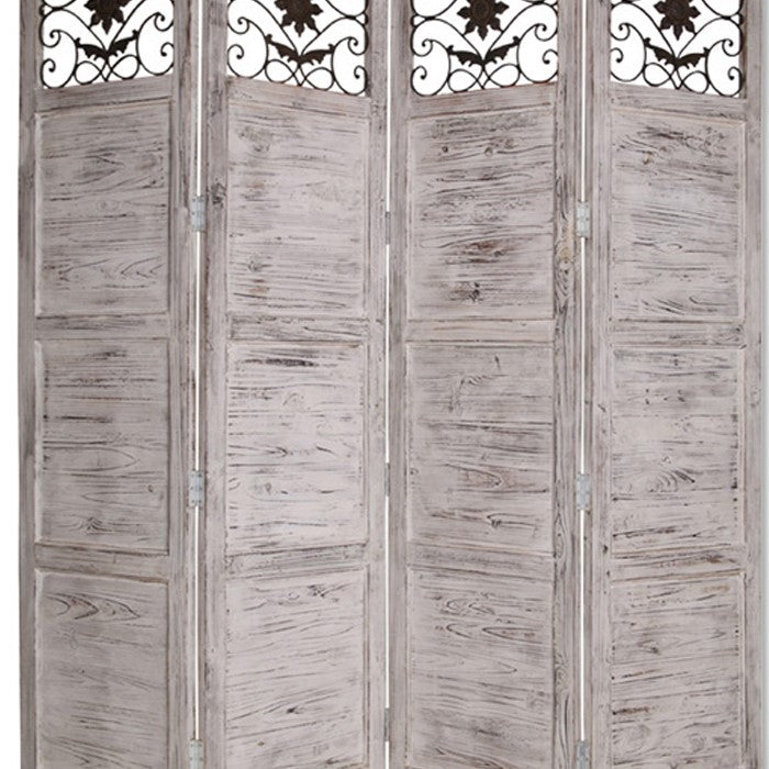 Wooden 4 Panel Screen with Textured Panels and Scrolled Details, Gray