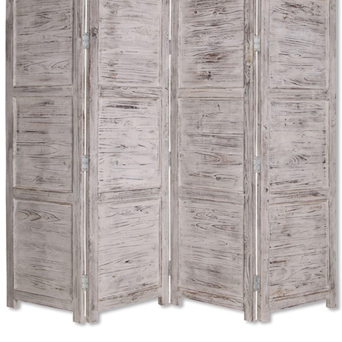 Wooden 4 Panel Screen with Textured Panels and Scrolled Details, Gray