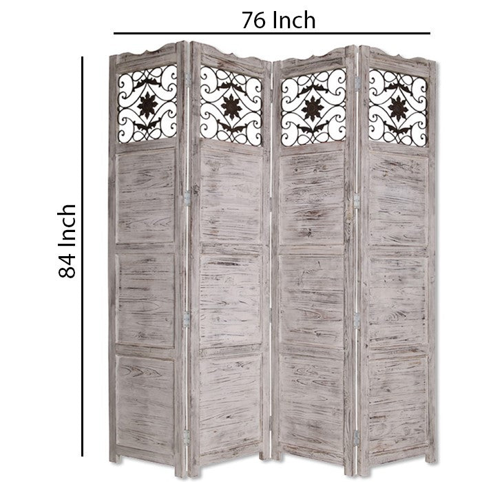 Wooden 4 Panel Screen with Textured Panels and Scrolled Details, Gray