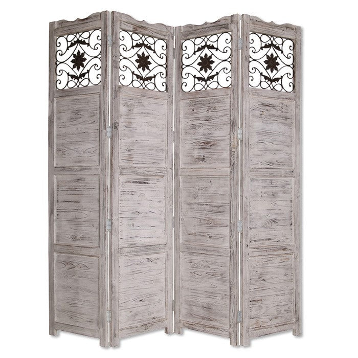 Wooden 4 Panel Screen with Textured Panels and Scrolled Details, Gray