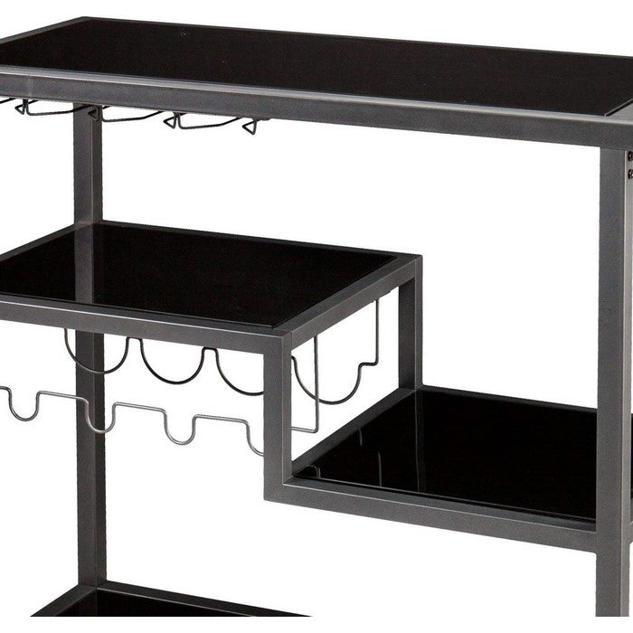 Contemporary Style Metal Bar Cart With Tempered Glass Shelves, Gunmetal Gray Black
