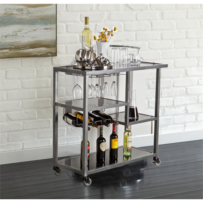 Contemporary Style Metal Bar Cart With Tempered Glass Shelves, Gunmetal Gray Black