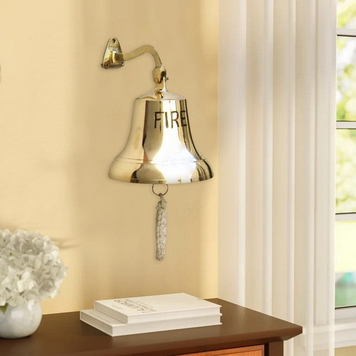 Metal Fire Bell With Knotted Lanyard And Wall Bracket, Gold