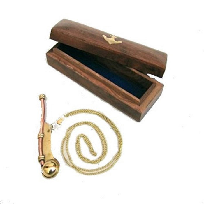 Brass / Copper Bosun Navy Call Whistle With Wood Box