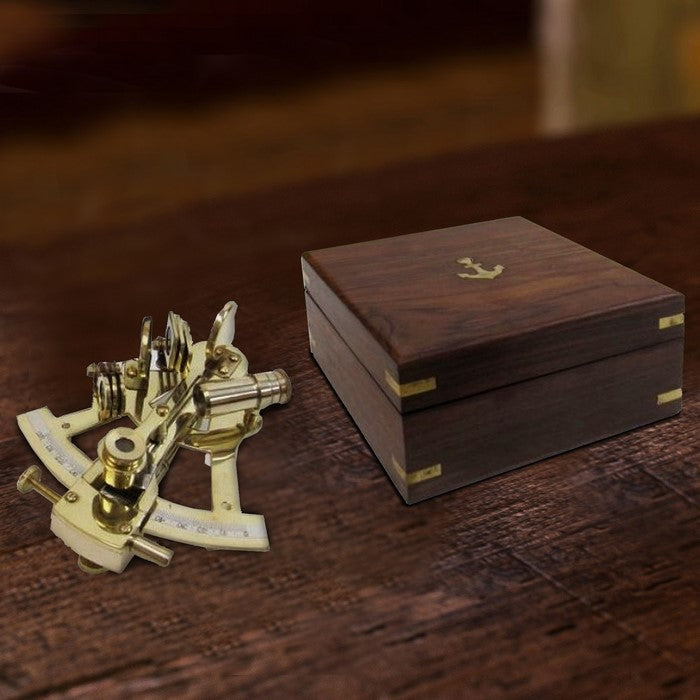 Solid Brass Sextant With Inlaid Wooden Box Nautical Accents