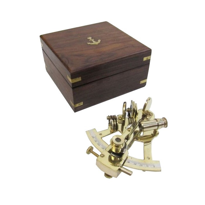 Solid Brass Sextant With Inlaid Wooden Box Nautical Accents
