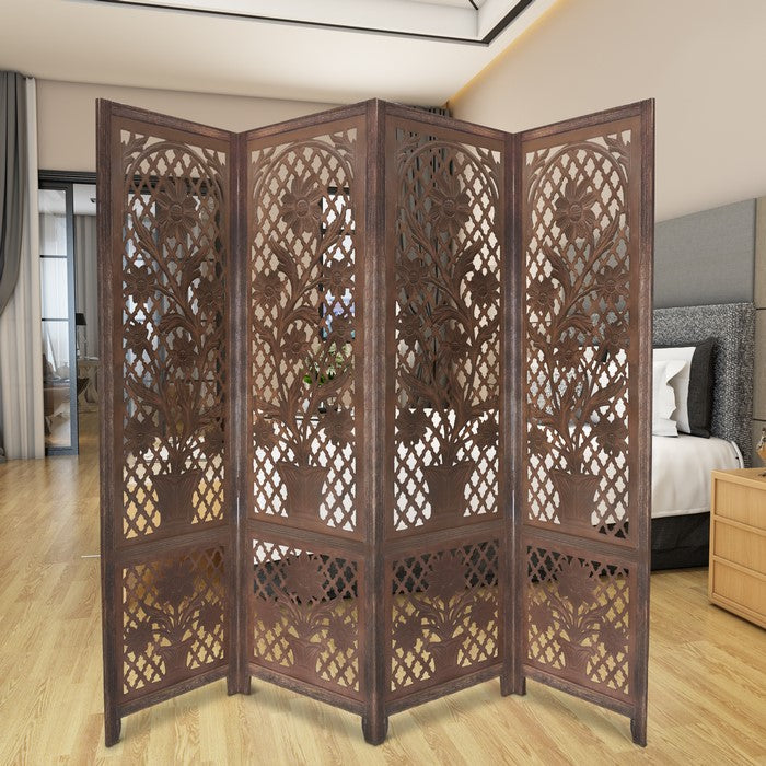4 Panel Wooden Screen with Cutout Trellis Pattern and Flower Pot Carvings, Brown