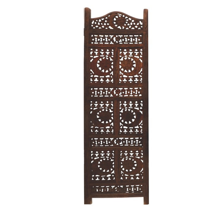 Hand Carved Sun And Moon Design Foldable 4 Panel Wooden Room Divider, Brown