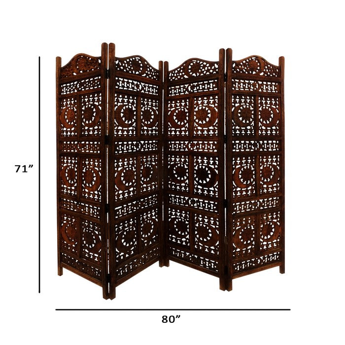 Hand Carved Sun And Moon Design Foldable 4 Panel Wooden Room Divider, Brown