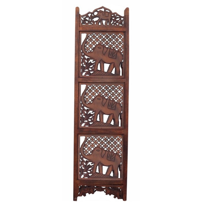 Benzara Hand Carved Elephant Design Foldable 4-Panel Wooden Room Divider, Brown