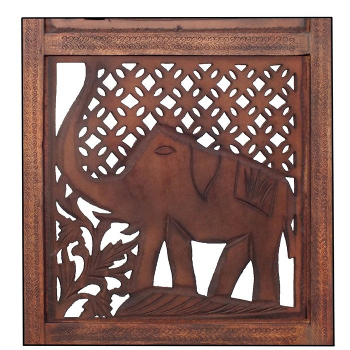 Benzara Hand Carved Elephant Design Foldable 4-Panel Wooden Room Divider, Brown