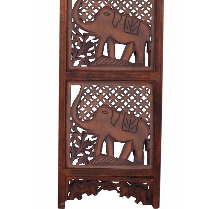 Benzara Hand Carved Elephant Design Foldable 4-Panel Wooden Room Divider, Brown